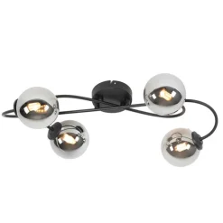 Moderne plafondlamp zwart 4-lichts met smoke glas - Athens