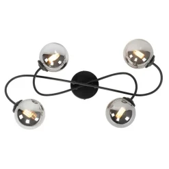 Moderne plafondlamp zwart 4-lichts met smoke glas - Athens