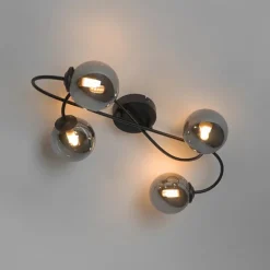 Moderne plafondlamp zwart 4-lichts met smoke glas - Athens