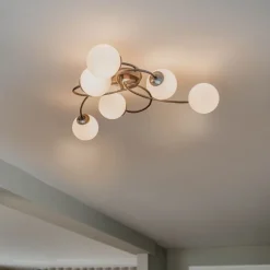 Moderne plafondlamp zwart met opaal glas 6-lichts- Athens