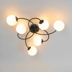 Moderne plafondlamp zwart met opaal glas 6-lichts- Athens