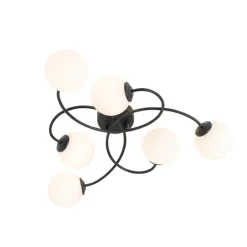 Moderne plafondlamp zwart met opaal glas 6-lichts- Athens