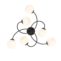 Moderne plafondlamp zwart met opaal glas 6-lichts- Athens