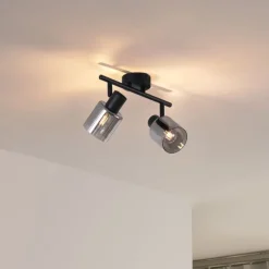 Moderne plafondlamp zwart met smoke glas rond 2-lichts - Cilin