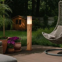 Moderne staande buitenlamp staal met hout print 80cm IP44 - Malois