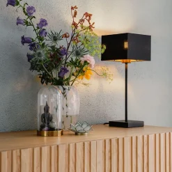 Moderne tafellamp zwart stoffen kap zwart met goud - VT 1