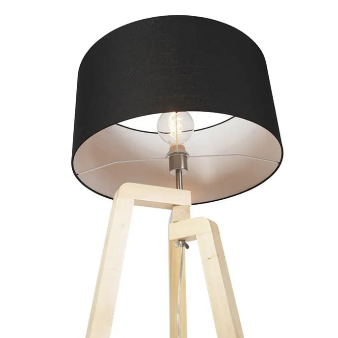 Moderne vloerlamp hout met zwarte kap 45 cm - Puros
