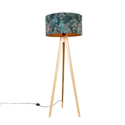 Moderne vloerlamp hout stoffen kap pauw 50 cm - Tripod Classic
