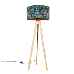 Moderne vloerlamp hout stoffen kap pauw 50 cm - Tripod Classic