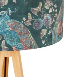 Moderne vloerlamp hout stoffen kap pauw 50 cm - Tripod Classic