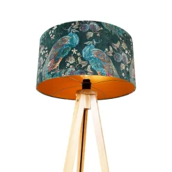 Moderne vloerlamp hout stoffen kap pauw 50 cm - Tripod Classic