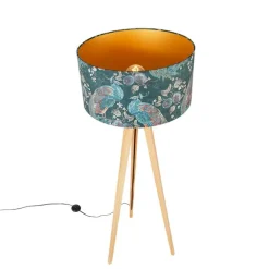 Moderne vloerlamp hout stoffen kap pauw 50 cm - Tripod Classic