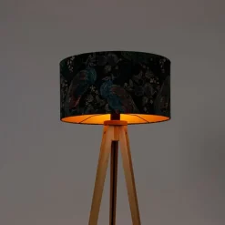 Moderne vloerlamp hout stoffen kap pauw 50 cm - Tripod Classic