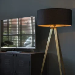 Moderne vloerlamp messing met zwarte kap - Ilse