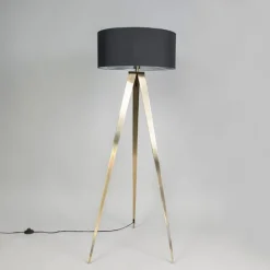 Moderne vloerlamp messing met zwarte kap - Ilse