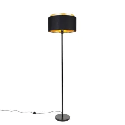 Moderne vloerlamp zwart met kap zwart met goud - Simplo