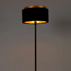 Moderne vloerlamp zwart met kap zwart met goud - Simplo