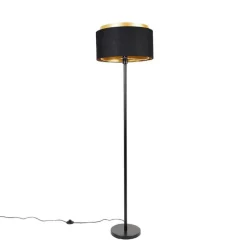 Moderne vloerlamp zwart met kap zwart met goud - Simplo