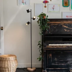 Moderne vloerlamp zwart met hout 3-lichts - Jeana