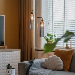 Moderne vloerlamp zwart met smoke glas 2-lichts - Stavelot
