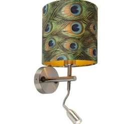 Moderne wandlamp staal met leeslamp en kap velours 20/20/20 pauw - goud