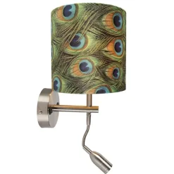 Moderne wandlamp staal met leeslamp en kap velours 20/20/20 pauw - goud