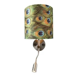 Moderne wandlamp staal met leeslamp en kap velours 20/20/20 pauw - goud