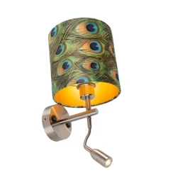 Moderne wandlamp staal met leeslamp en kap velours 20/20/20 pauw - goud