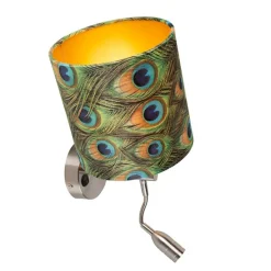 Moderne wandlamp staal met leeslamp en kap velours 20/20/20 pauw - goud