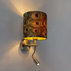 Moderne wandlamp staal met leeslamp en kap velours 20/20/20 pauw - goud