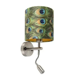 Moderne wandlamp staal met leeslamp en kap velours 20/20/20 pauw - goud