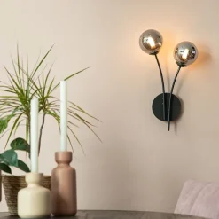 Moderne wandlamp zwart 2-lichts met smoke glas - Athens