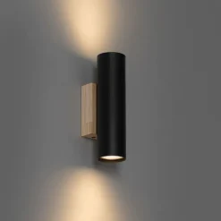Moderne wandlamp zwart met hout 2-lichts - Jeana