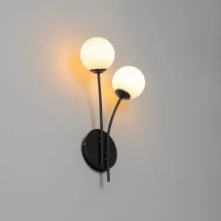 Moderne wandlamp zwart met opaal glas 2-lichts- Athens