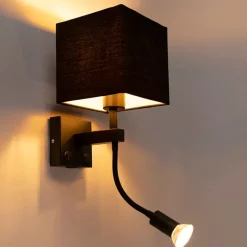 Moderne wandlamp zwart met USB en vierkante zwarte kap - Zeno