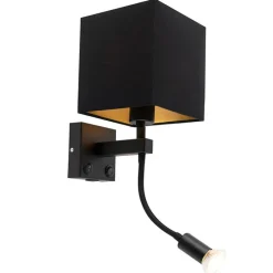 Moderne wandlamp zwart met USB en vierkante zwarte kap - Zeno