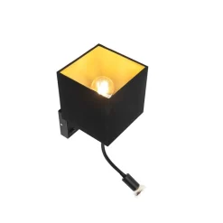 Moderne wandlamp zwart met USB en vierkante zwarte kap - Zeno