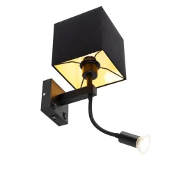 Moderne wandlamp zwart met USB en vierkante zwarte kap - Zeno