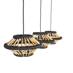 Oosterse hanglamp bamboe met zwart langwerpig 3-lichts - Evalin