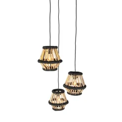 Oosterse hanglamp bamboe met zwart rond 3-lichts - Evalin