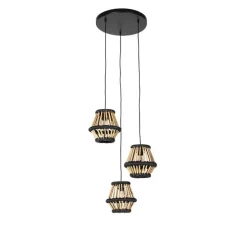 Oosterse hanglamp bamboe met zwart rond 3-lichts - Evalin