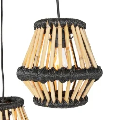 Oosterse hanglamp bamboe met zwart rond 3-lichts - Evalin