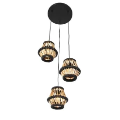 Oosterse hanglamp bamboe met zwart rond 3-lichts - Evalin