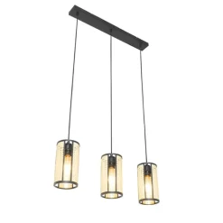 Oosterse hanglamp zwart met rotan 3-lichts langwerpig - Akira