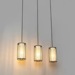 Oosterse hanglamp zwart met rotan 3-lichts langwerpig - Akira