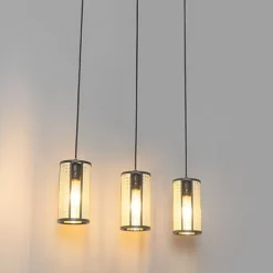 Oosterse hanglamp zwart met rotan 3-lichts langwerpig - Akira