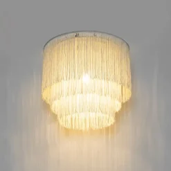 Oosterse plafondlamp goud crème kap met franjes - Franxa