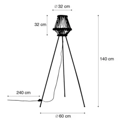 Oosterse tripod vloerlamp bamboe met zwart - Evalin
