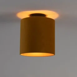 Plafondlamp met velours kap oker met goud 20 cm - Combi zwart