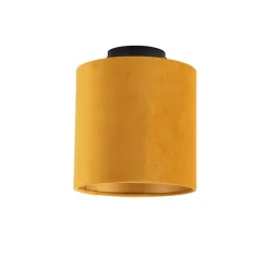 Plafondlamp met velours kap oker met goud 20 cm - Combi zwart